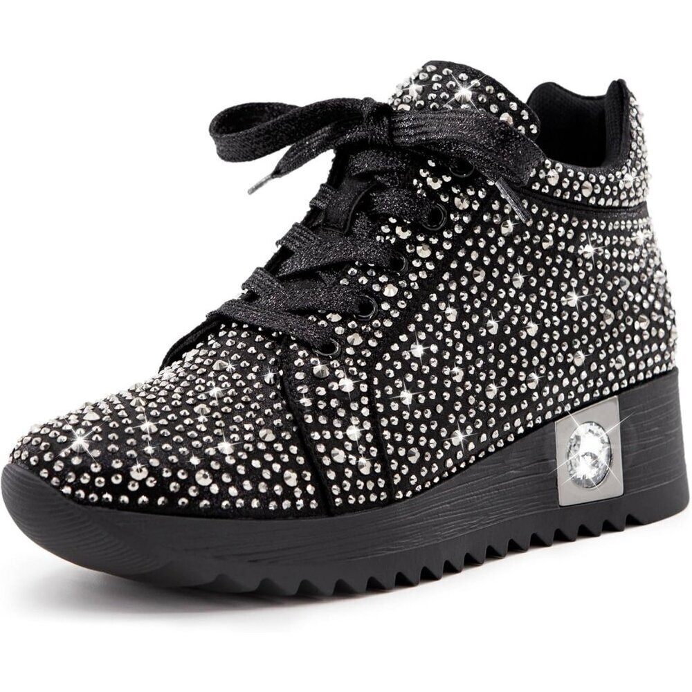 🆕Women Black Fashion Glitter Platform Wedge Sparkly Rhinestone High Top Sneaker